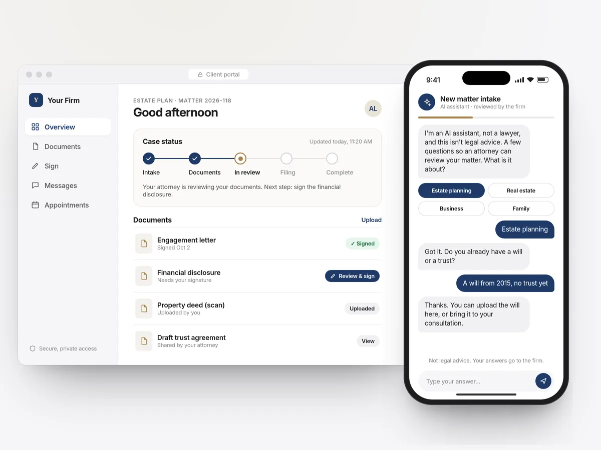 Concept mockup of a law firm client portal: case status timeline and documents waiting for e-signature in a browser, plus an AI intake chat for a new matter on a phone