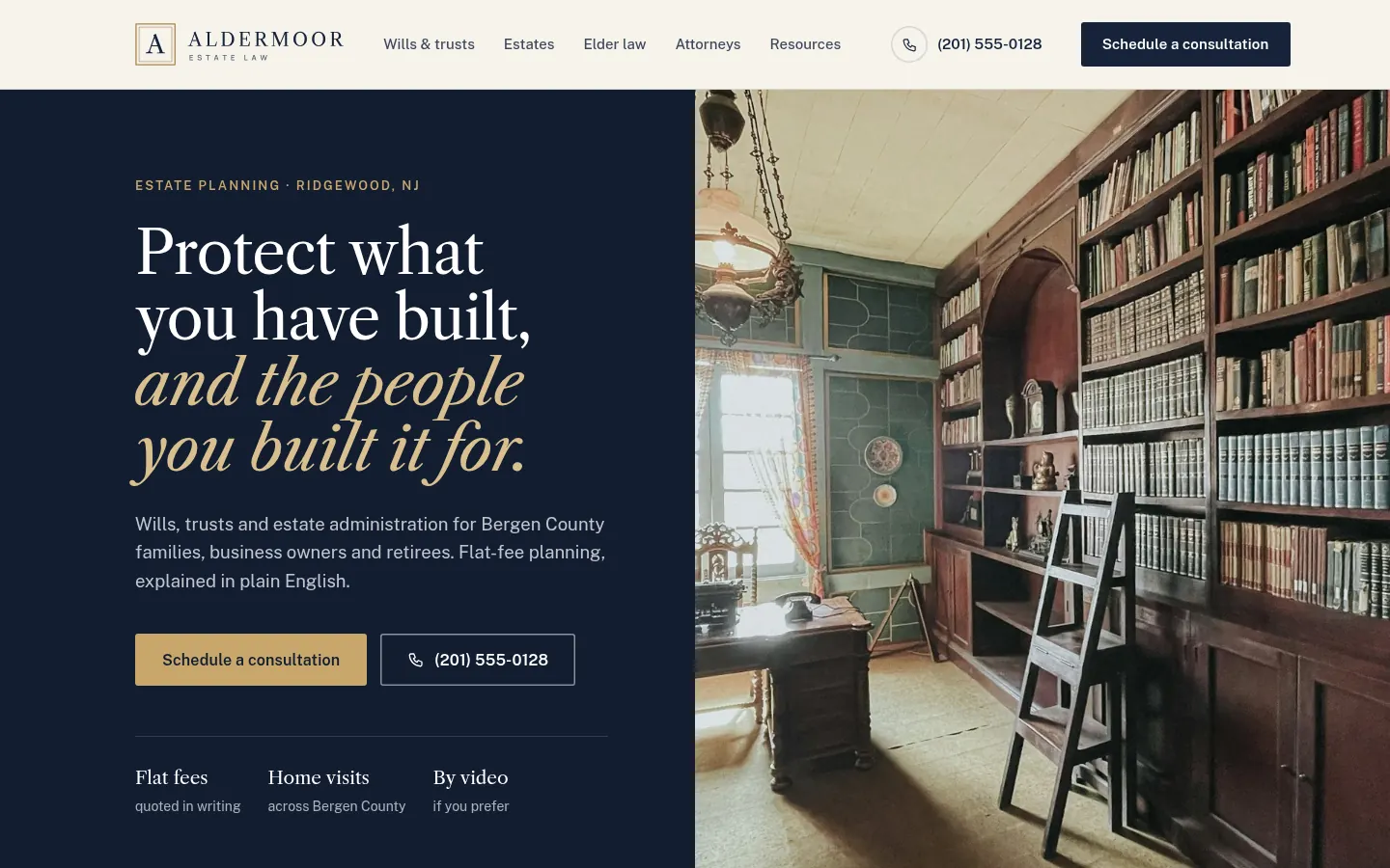 After: redesigned homepage concept for Aldermoor Estate Law, a fictional estate planning & trusts business in Bergen County, NJ