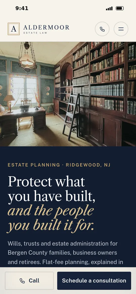 After: Aldermoor Estate Law homepage on a phone, with tap-to-call and booking always in reach