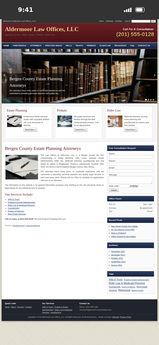 Before: Aldermoor Estate Law homepage on a phone, shrunk to a tiny desktop layout