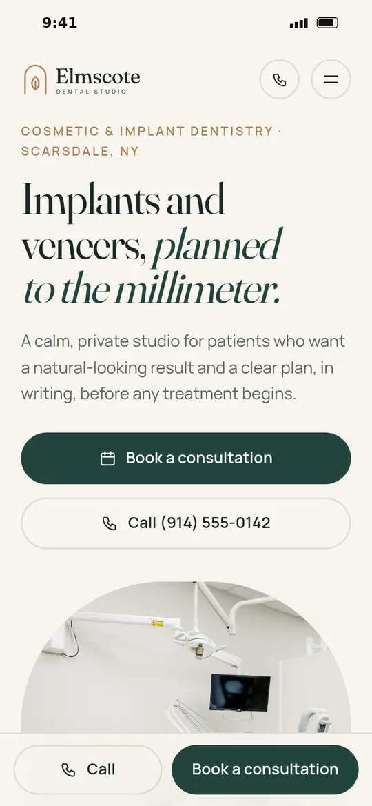 After: Elmscote Dental Studio homepage on a phone, with tap-to-call and booking always in reach