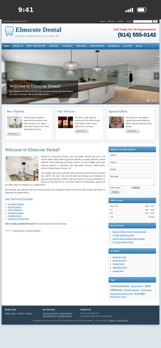 Before: Elmscote Dental Studio homepage on a phone, shrunk to a tiny desktop layout
