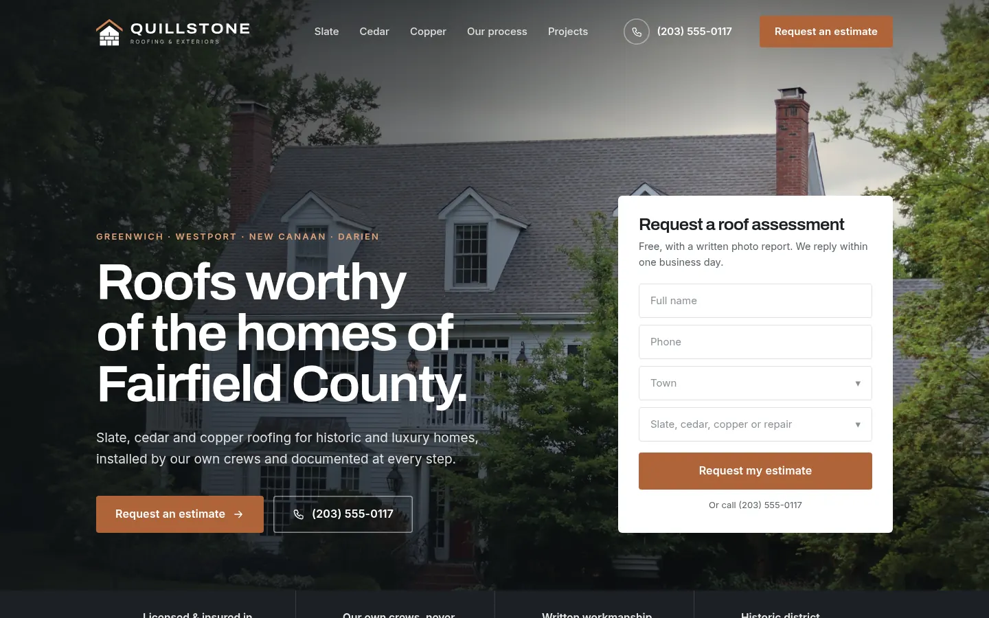 After: redesigned homepage concept for Quillstone Roofing & Exteriors, a fictional slate, cedar & copper roofing business in Fairfield County, CT