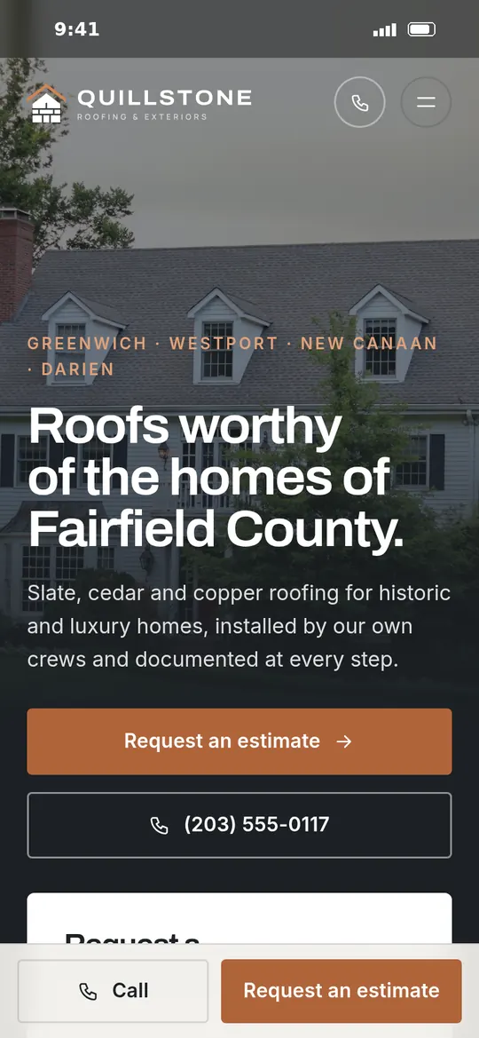 The same concept homepage on a phone, with tap-to-call and an estimate button