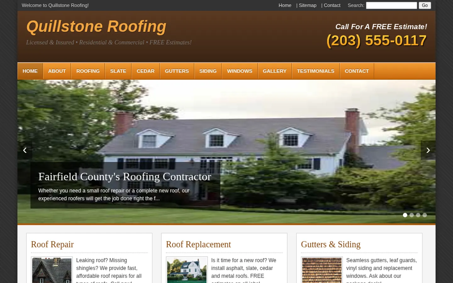 Before: dated homepage for Quillstone Roofing & Exteriors, with a crowded menu, stretched low-resolution photos and the phone number shown as an image