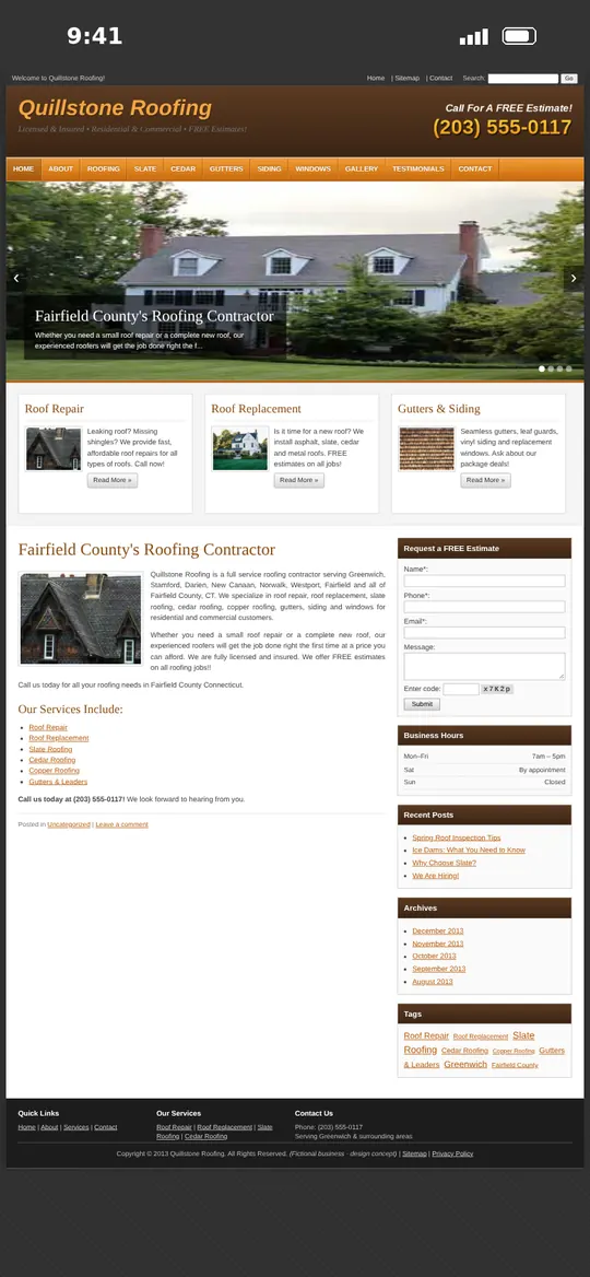 Before: Quillstone Roofing & Exteriors homepage on a phone, shrunk to a tiny desktop layout