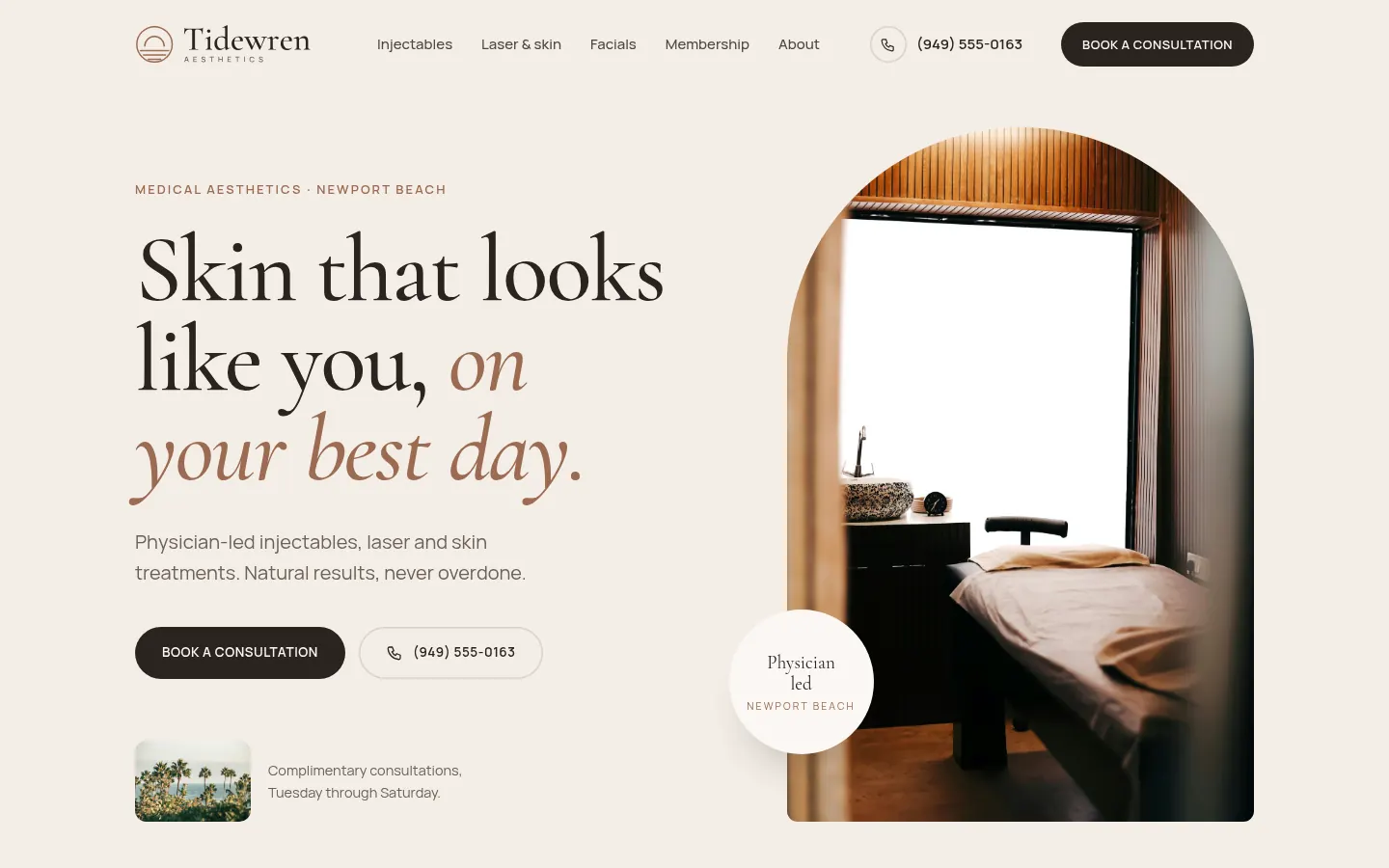 After: redesigned homepage concept for Tidewren Aesthetics, a fictional medical aesthetics business in Orange County, CA