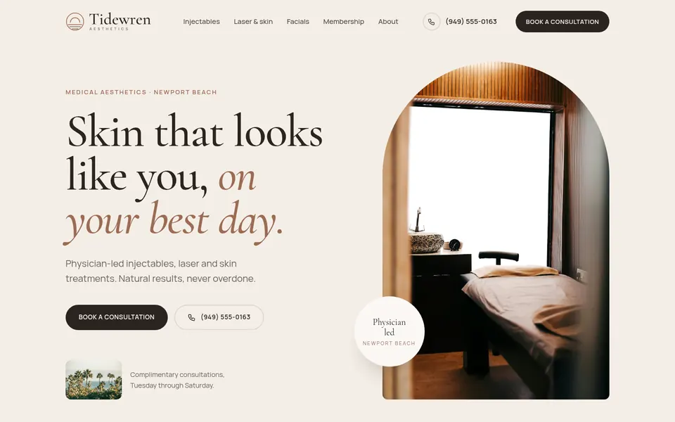 Homepage concept for Tidewren Aesthetics, a fictional medical aesthetics business in Orange County, CA